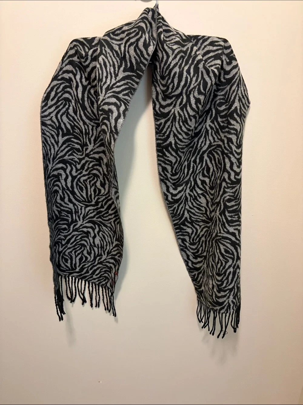 Black and Gray Zebra Print Fringe Scarf - Women Accessories 6ft x 1ft